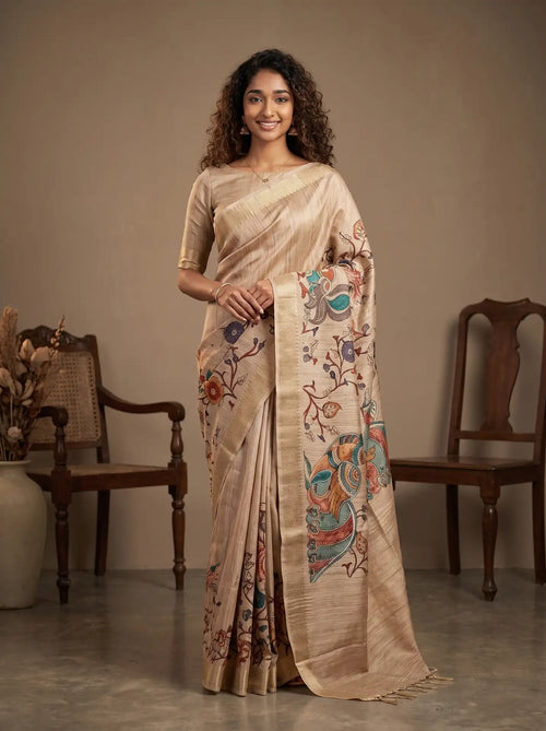 Beige Semi Tussar Silk Kalamkari Print Saree with Matching Beige Blouse