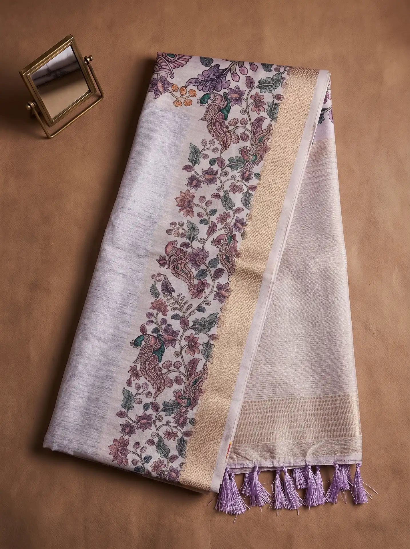 Lilac Semi Tussar Silk Kalamkari Print Saree with Matching Lilac Blouse