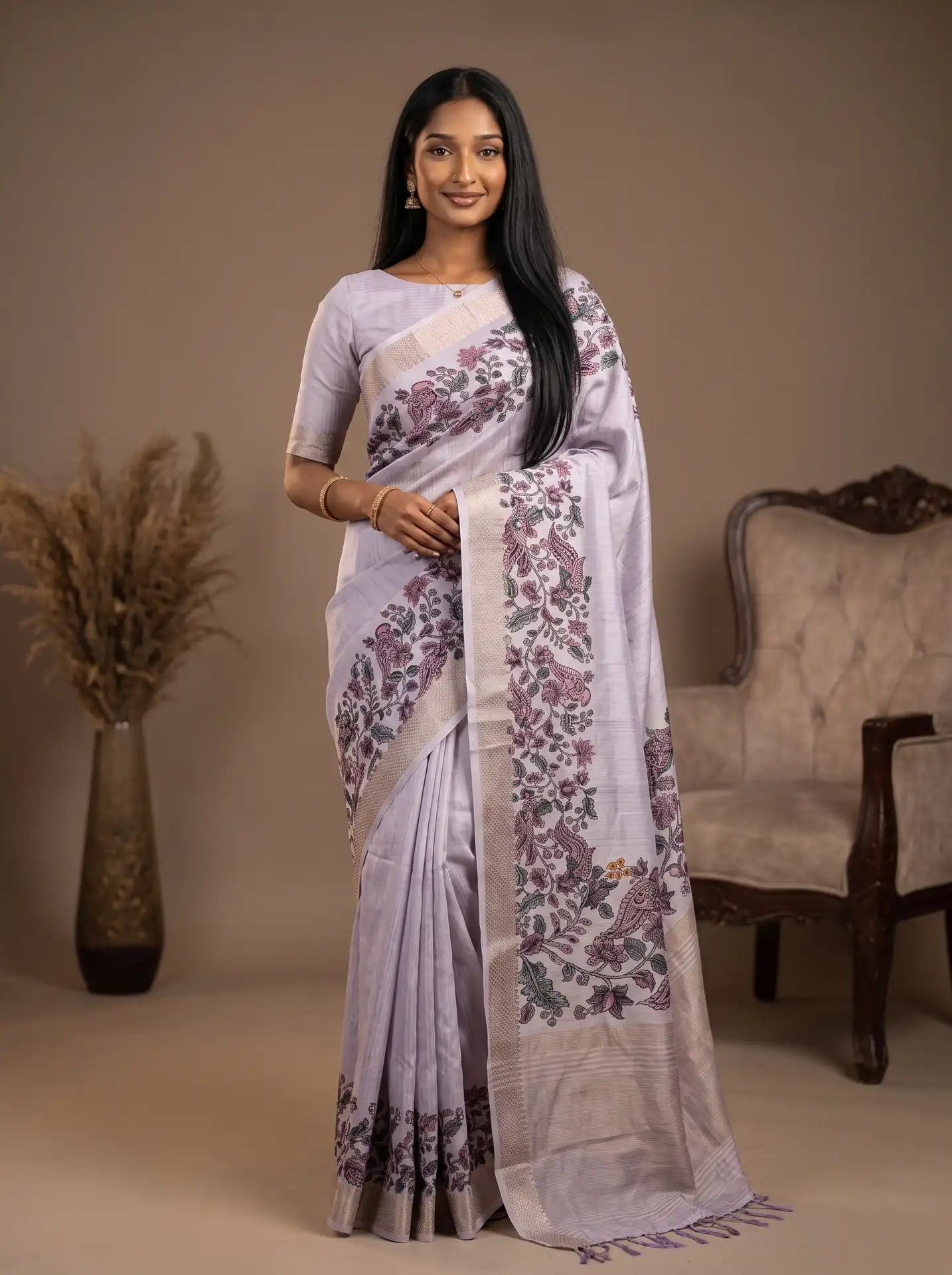 Lilac Semi Tussar Silk Kalamkari Print Saree with Matching Lilac Blouse