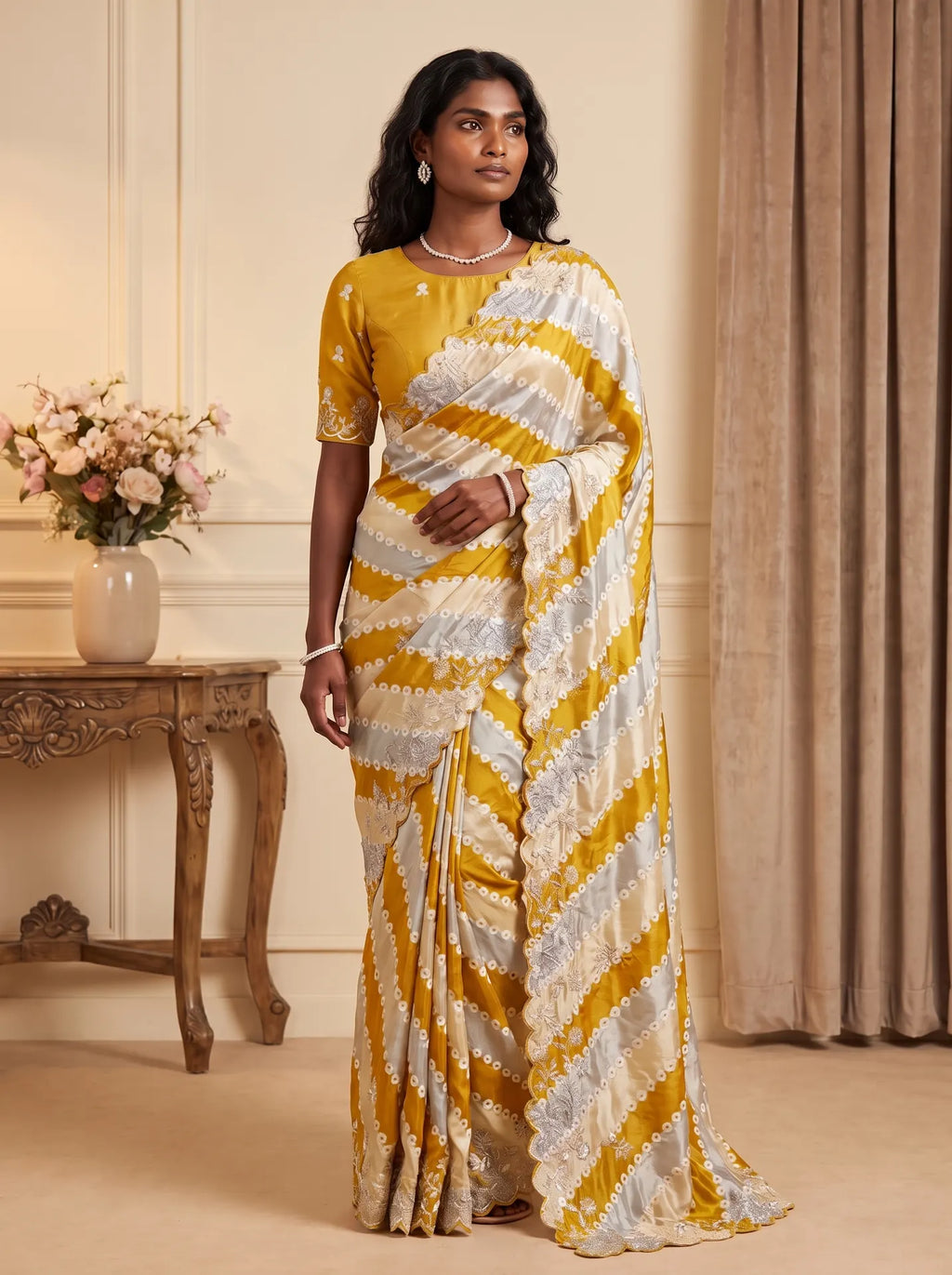 Mustard Gold Ice Blue Sequin Work Saree with Matching Embroidered Blouse