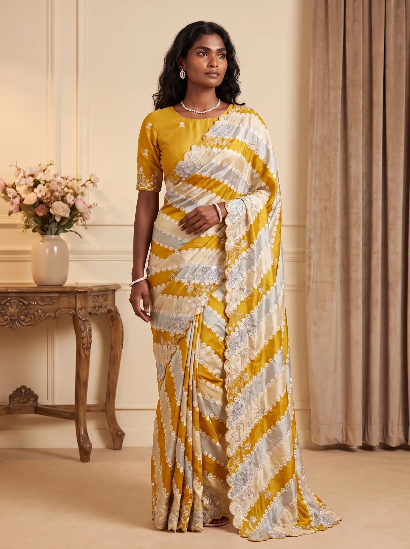 Mustard Gold Ice Blue Sequin Work Saree with Matching Embroidered Blouse