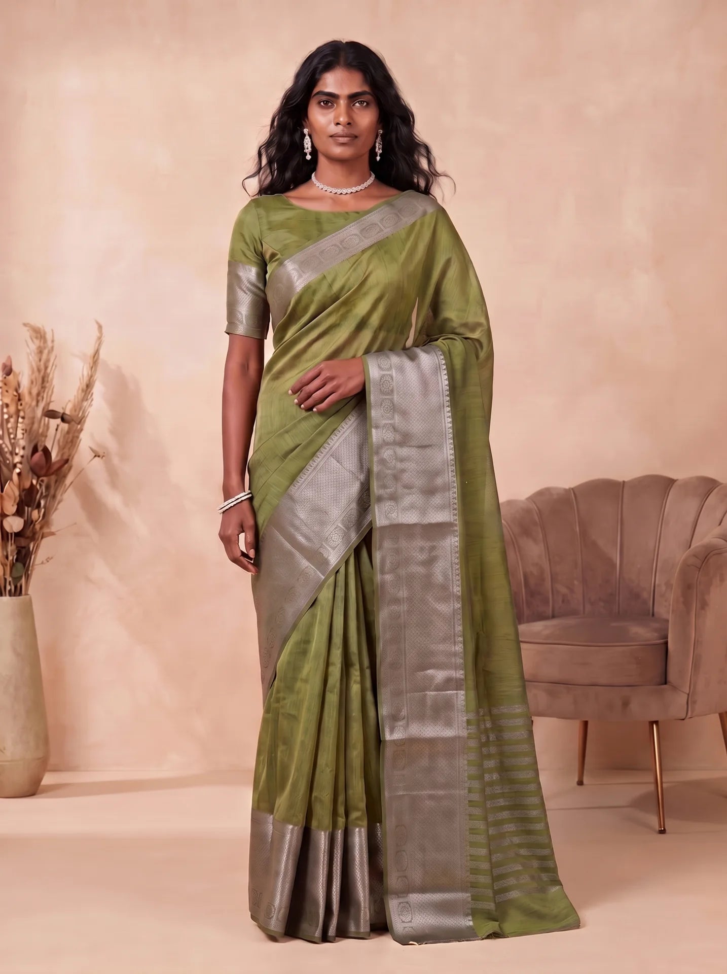 Olive Green Silver Grey Banarasi Jute Silk Saree with Matching Olive Green Blouse