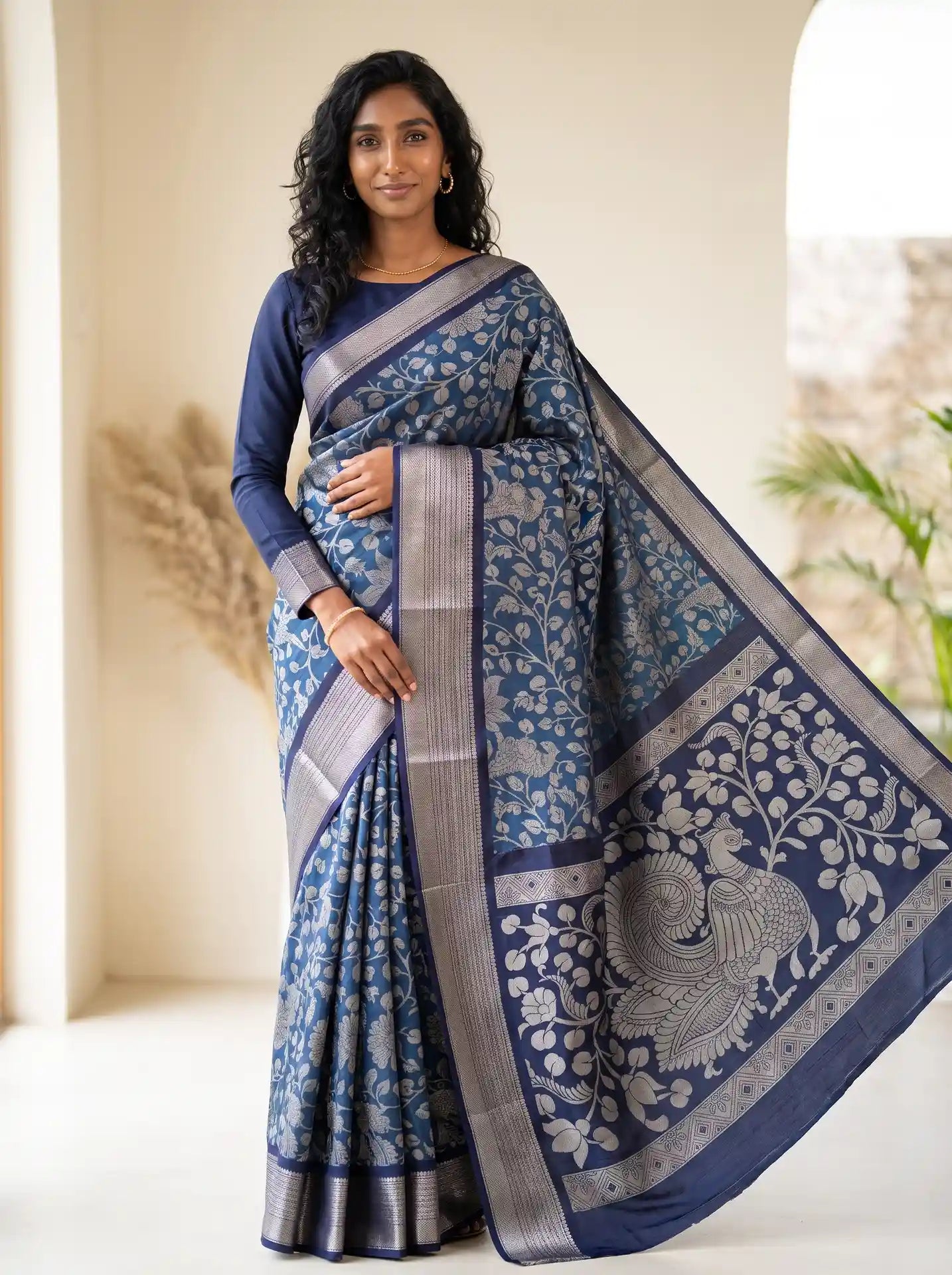 Steel Blue Dola Silk Kalamkari Print Saree with Contrast Navy Blouse