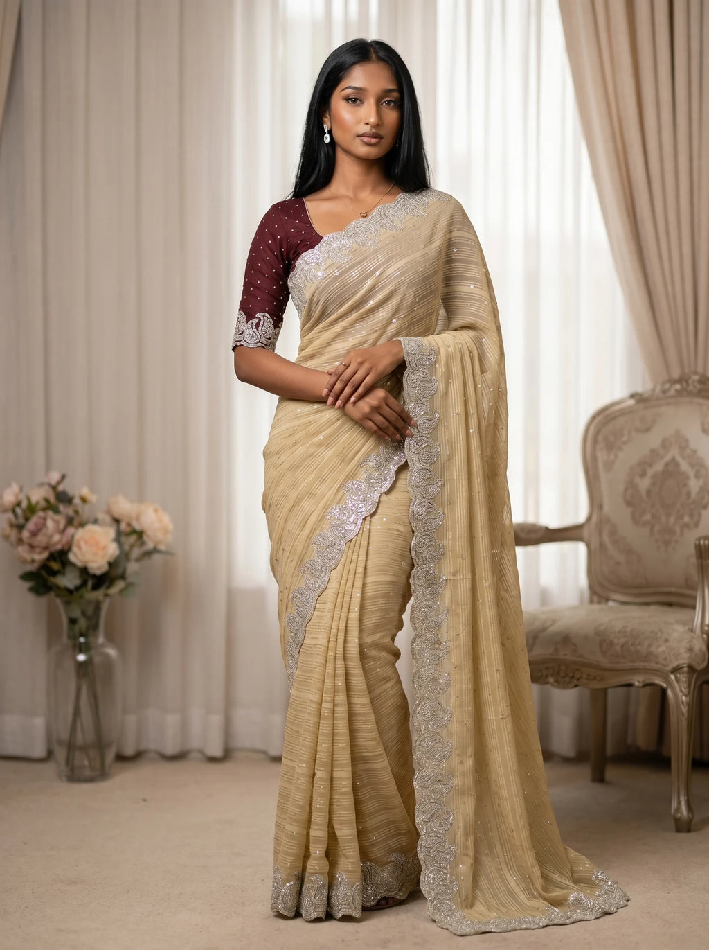 Light Gold Stone Work Paisley border Saree with Contrast Maroon Blouse