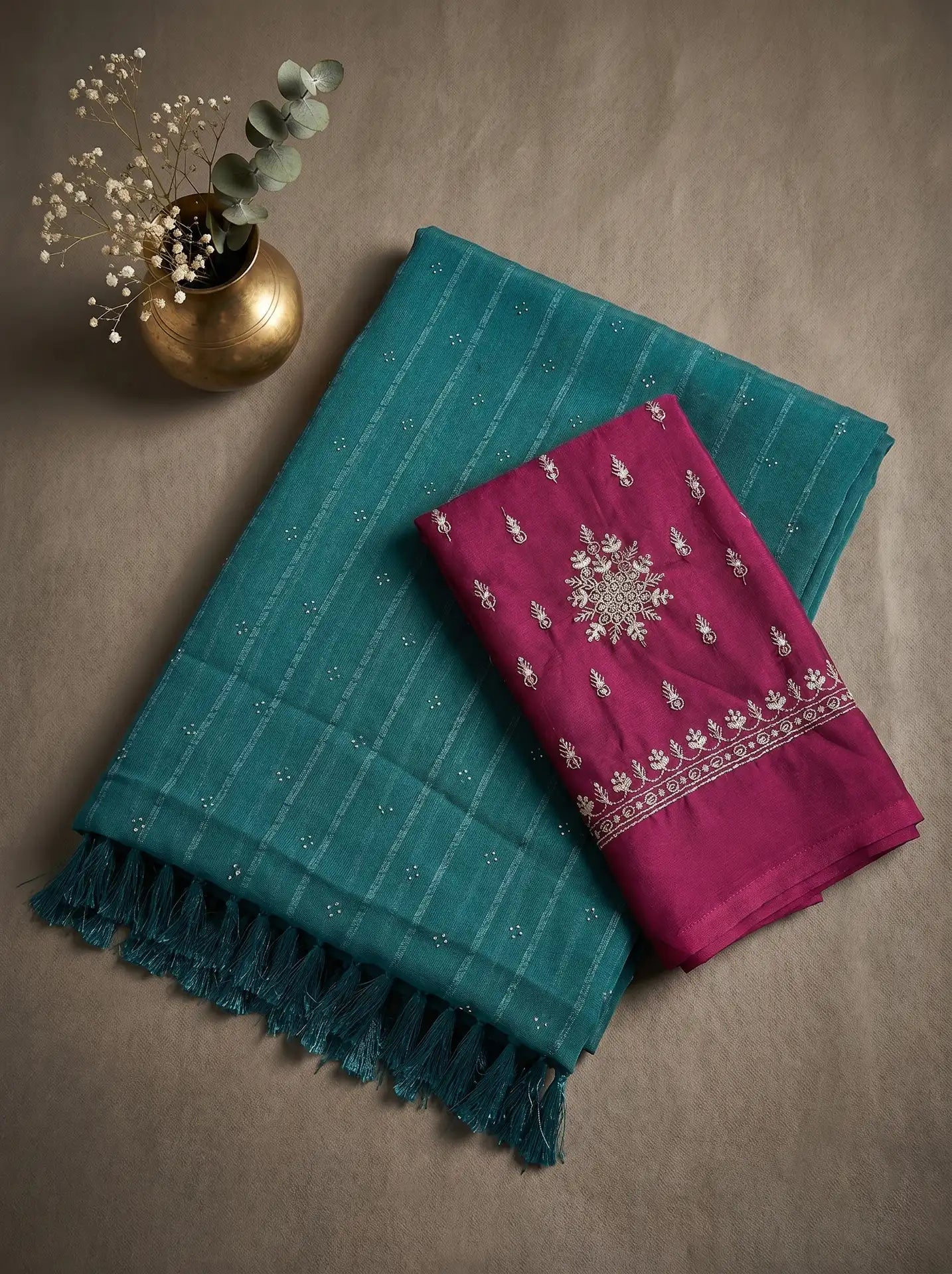 Teal Blue Georgette Stone Work Saree with Contrast Magenta Blouse