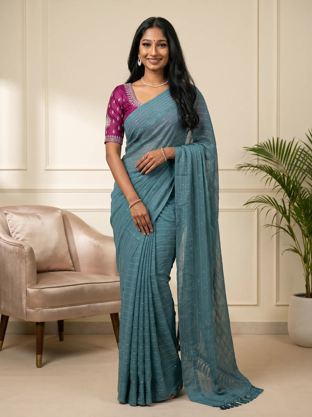 Teal Blue Georgette Stone Work Saree with Contrast Magenta Blouse