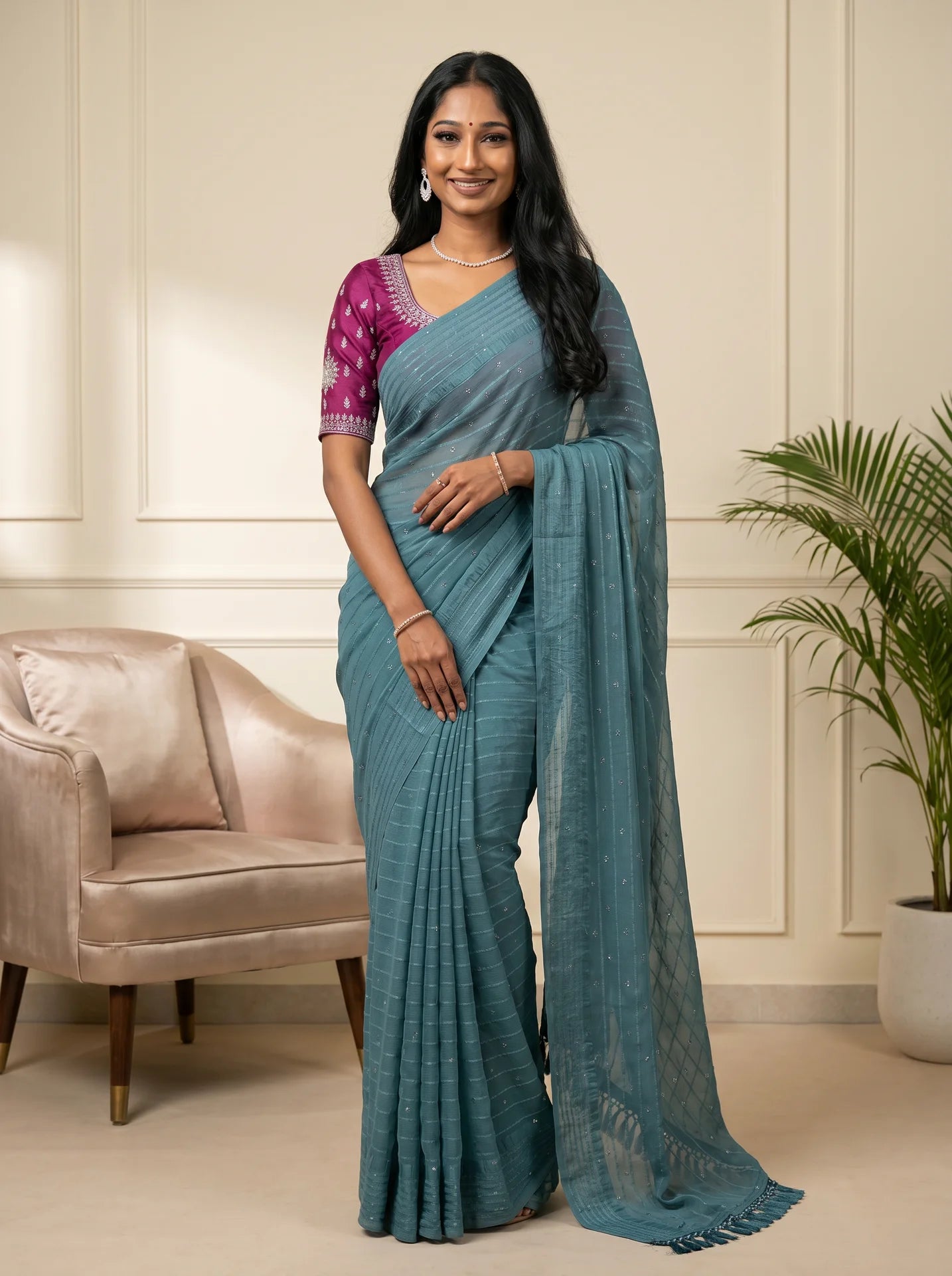 Teal Blue Georgette Stone Work Saree with Contrast Magenta Blouse