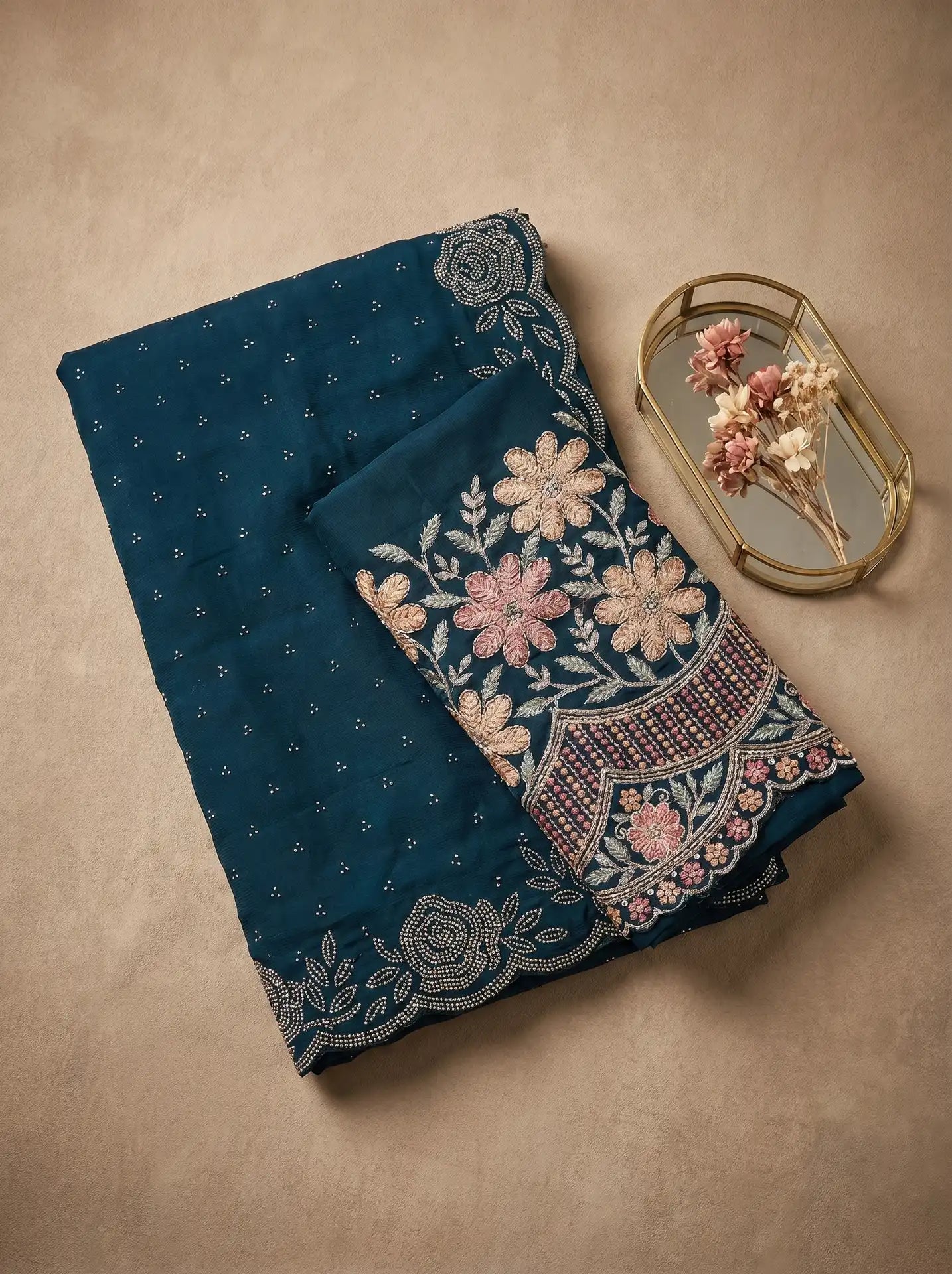 Navy Blue Stone Work Saree with Floral Embellished Scallop Border