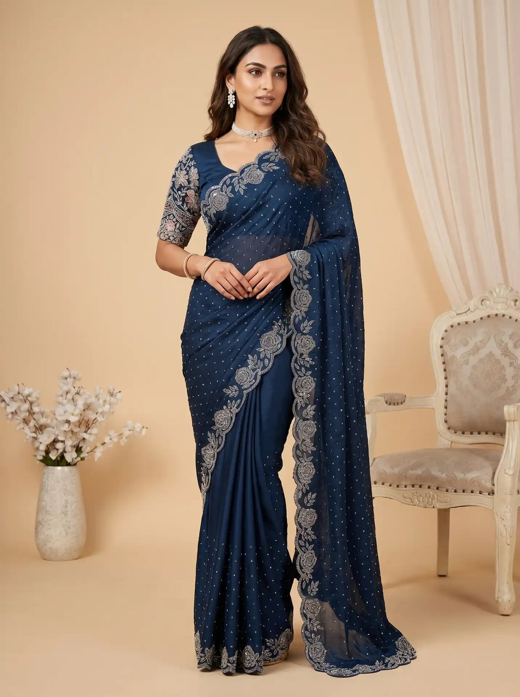 Navy Blue Stone Work Saree with Floral Embellished Scallop Border