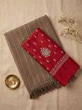 Taupe Grey Georgette Stone Work Saree with Contrast Red Blouse