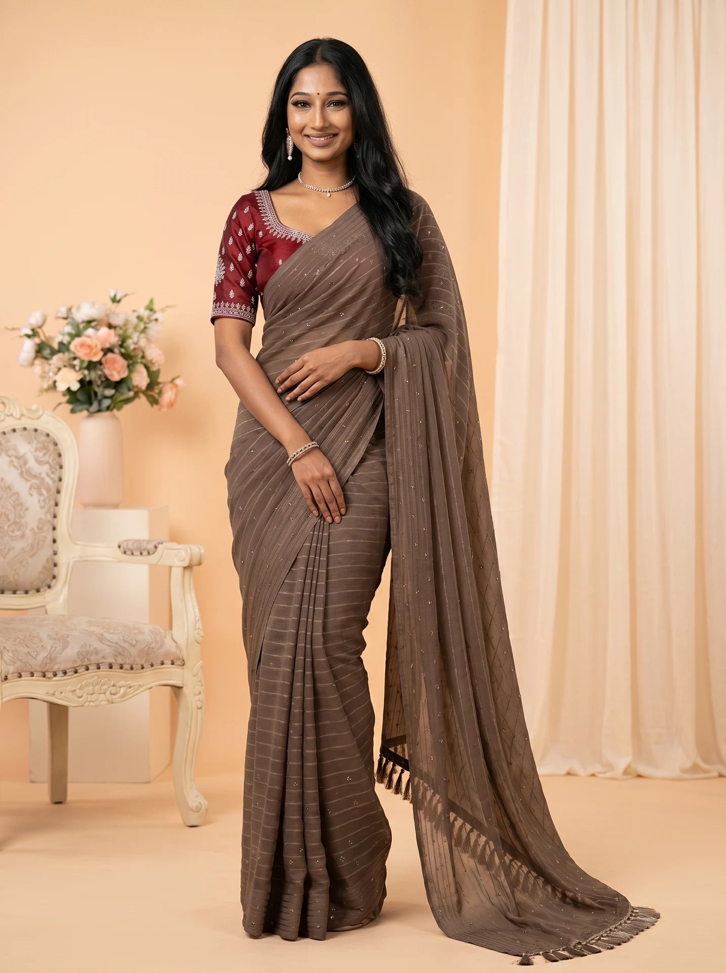 Taupe Grey Georgette Stone Work Saree with Contrast Red Blouse
