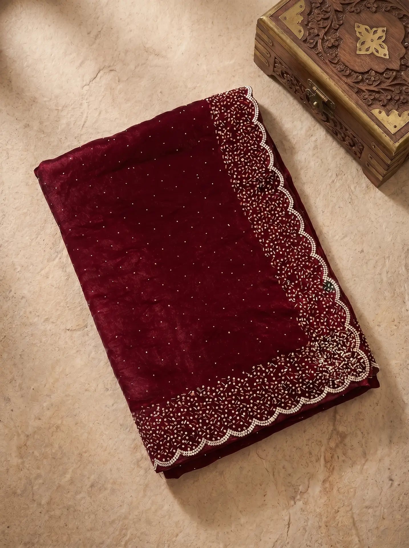 Cherry Wine All-Over Stone Work Saree with Matching Stone Border Blouse
