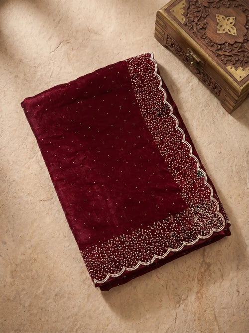 Cherry Wine All-Over Stone Work Saree with Matching Stone Border Blouse