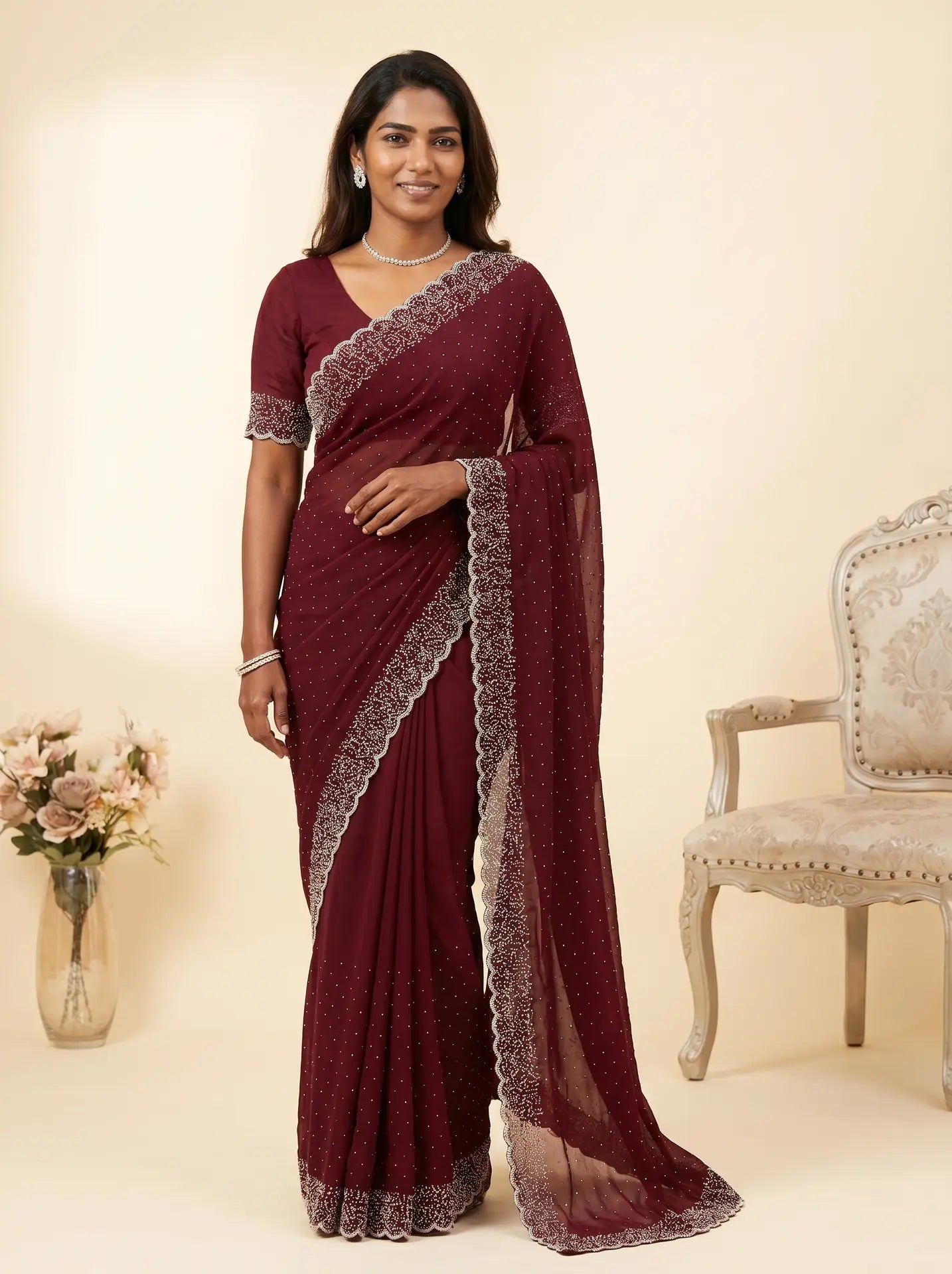 Cherry Wine All-Over Stone Work Saree with Matching Stone Border Blouse