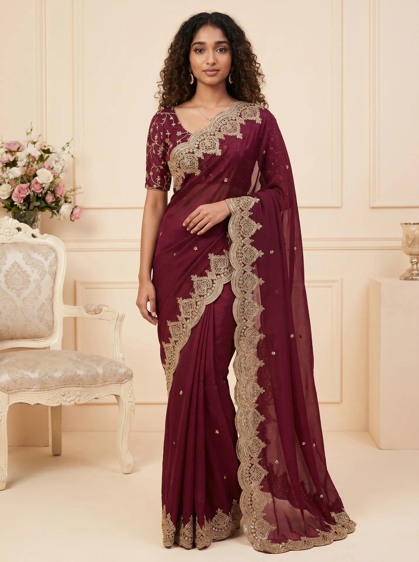 Deep Magenta Wine Sequin Work Saree with Matching Embroidered Blouse