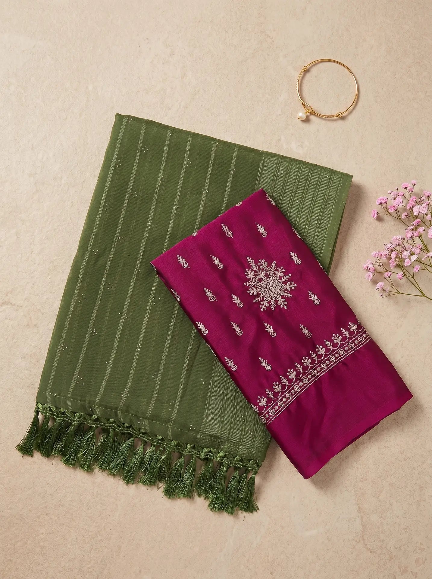 Olive Green Georgette Stone Work Saree with Contrast Magenta Blouse