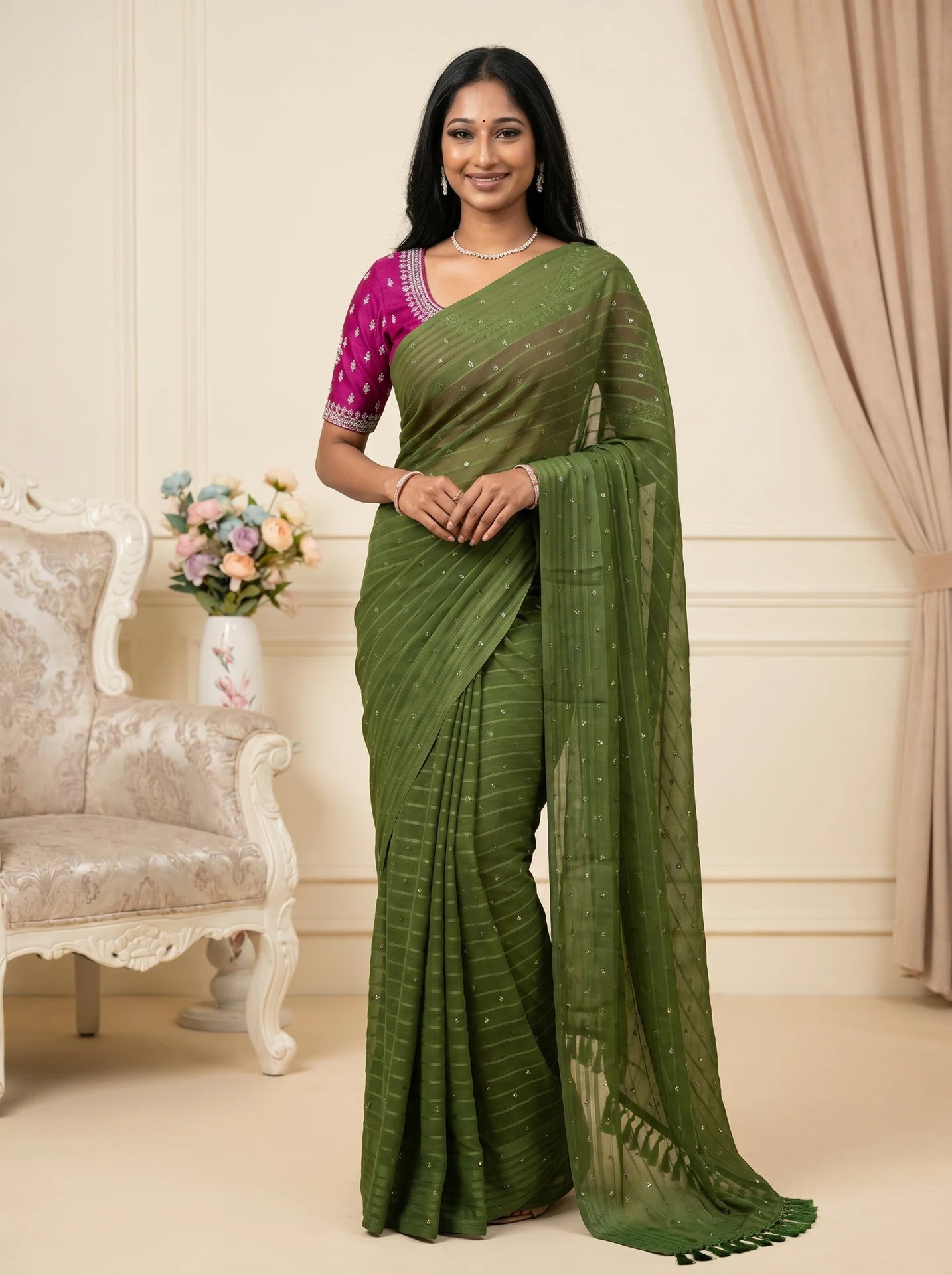 Olive Green Georgette Stone Work Saree with Contrast Magenta Blouse