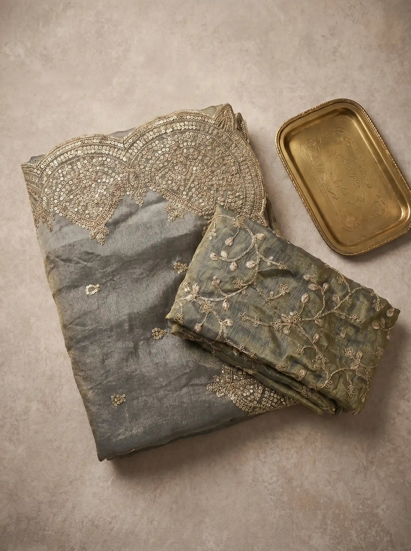 Slate Grey Sequin Work Saree with Matching Embroidered Blouse