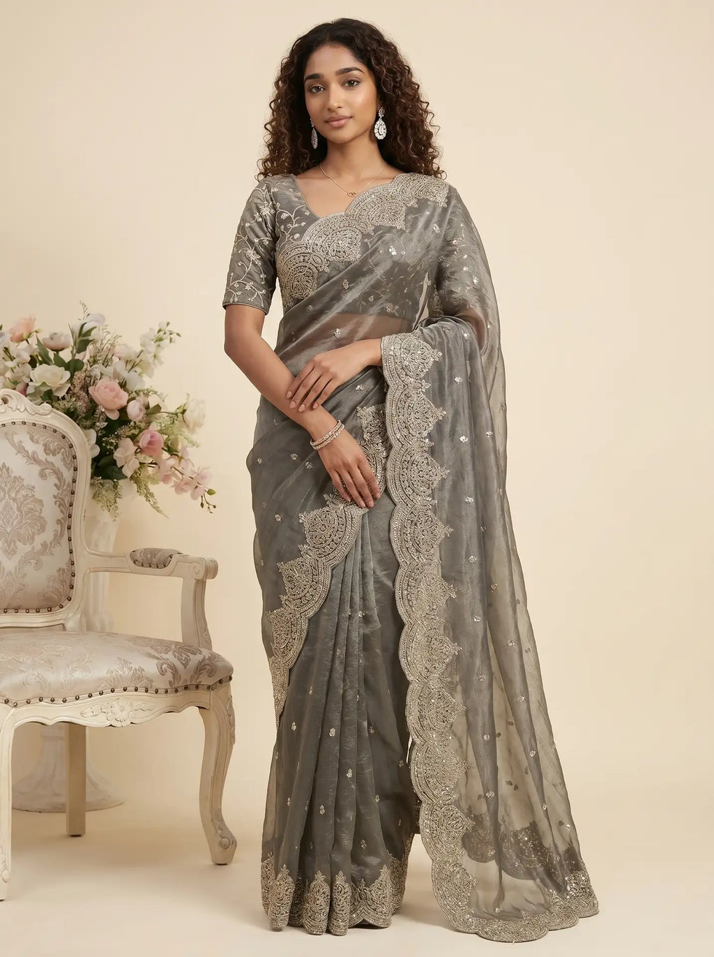 Slate Grey Sequin Work Saree with Matching Embroidered Blouse