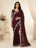 Deep Brown Stone Work Saree with Floral Embellished Scallop Border