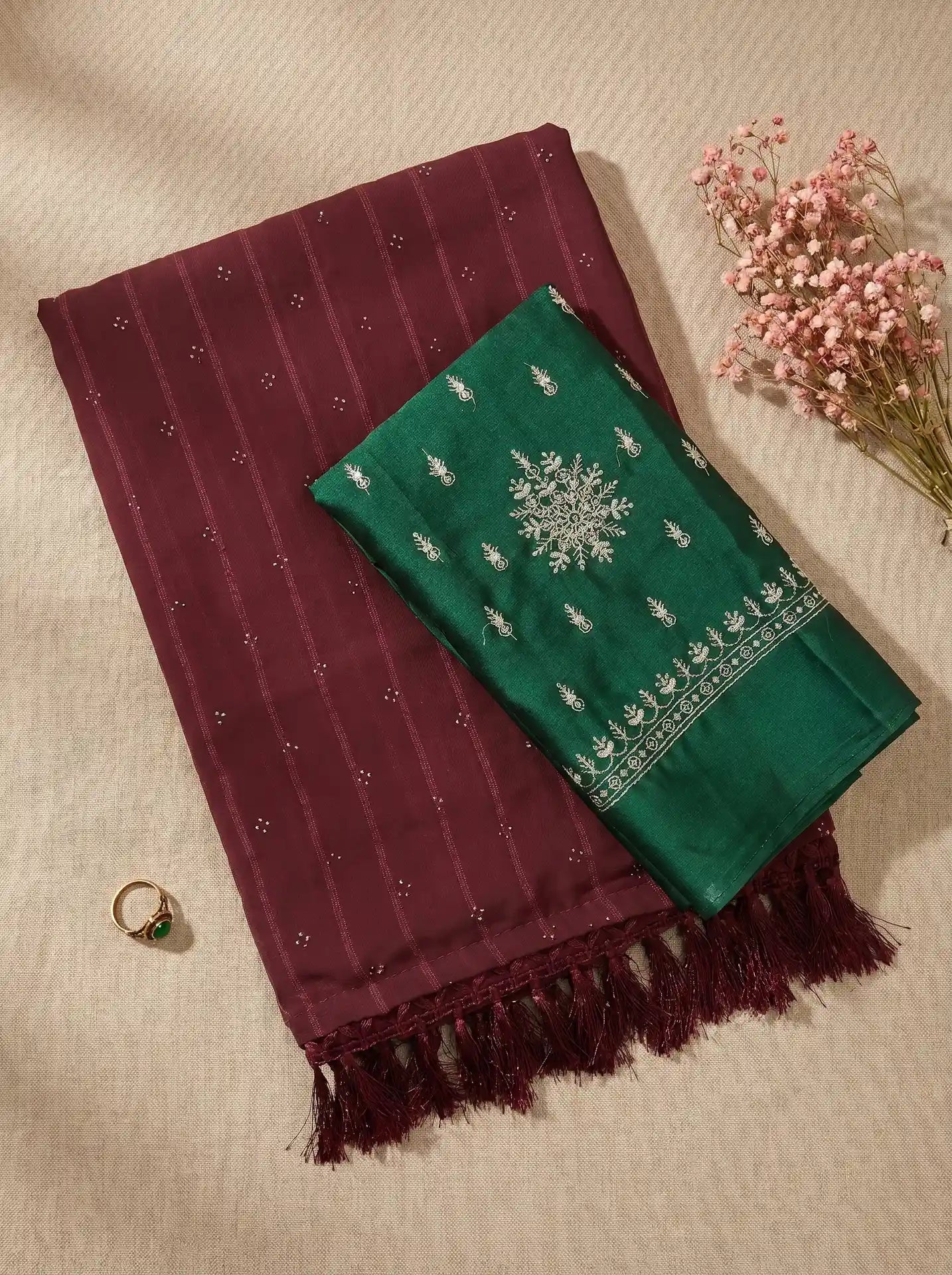 Mauve Rose Georgette Stone Work Saree with Contrast Green Blouse