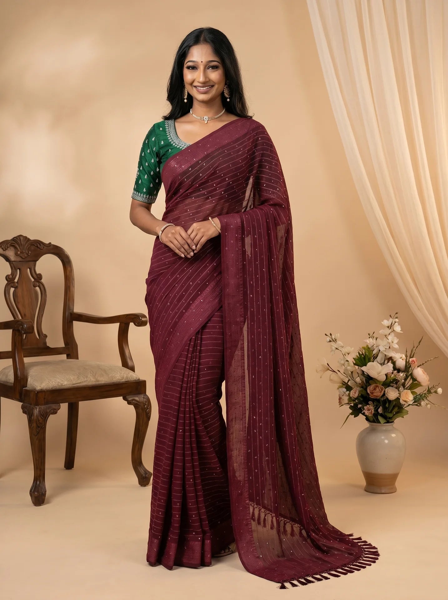Mauve Rose Georgette Stone Work Saree with Contrast Green Blouse