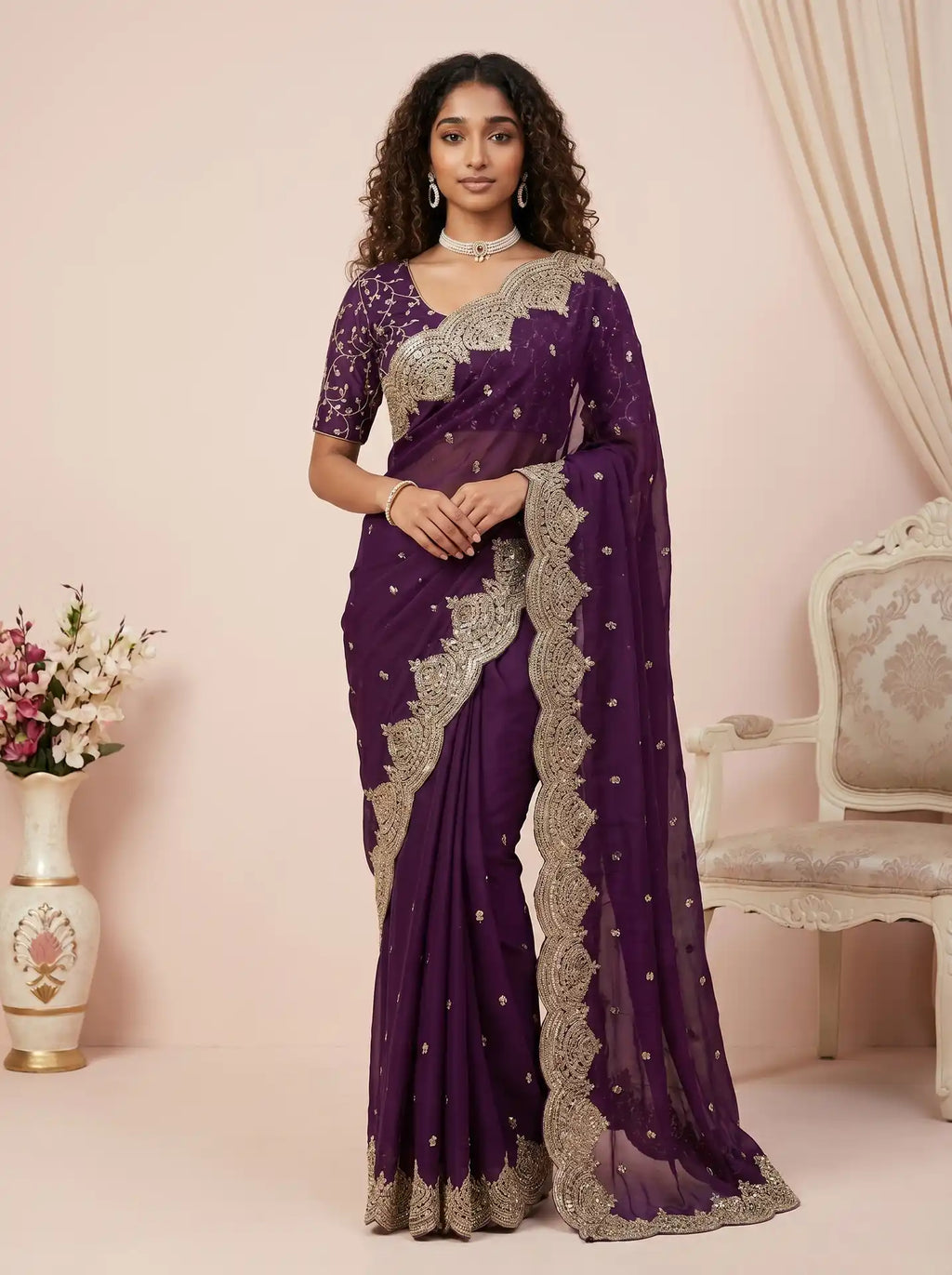 Plum Purple Sequin Work Saree with Matching Embroidered Blouse