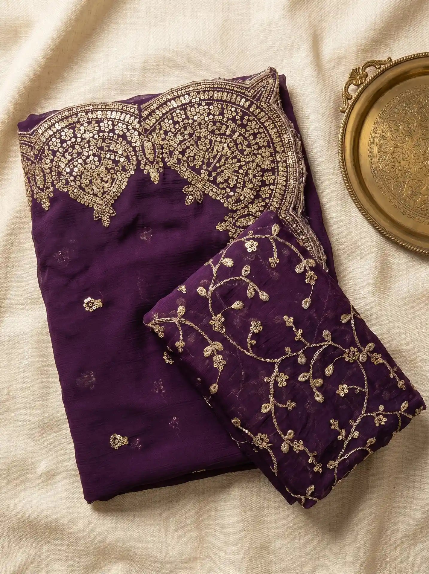 Plum Purple Sequin Work Saree with Matching Embroidered Blouse