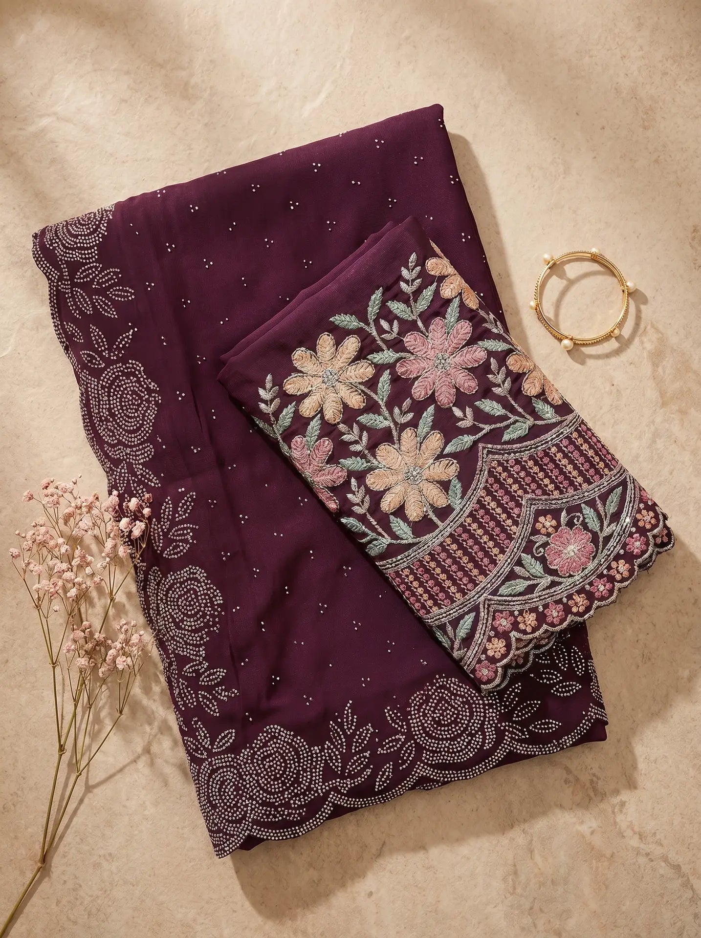 Deep Wine Stone Work Saree with Floral Embellished Scallop Border