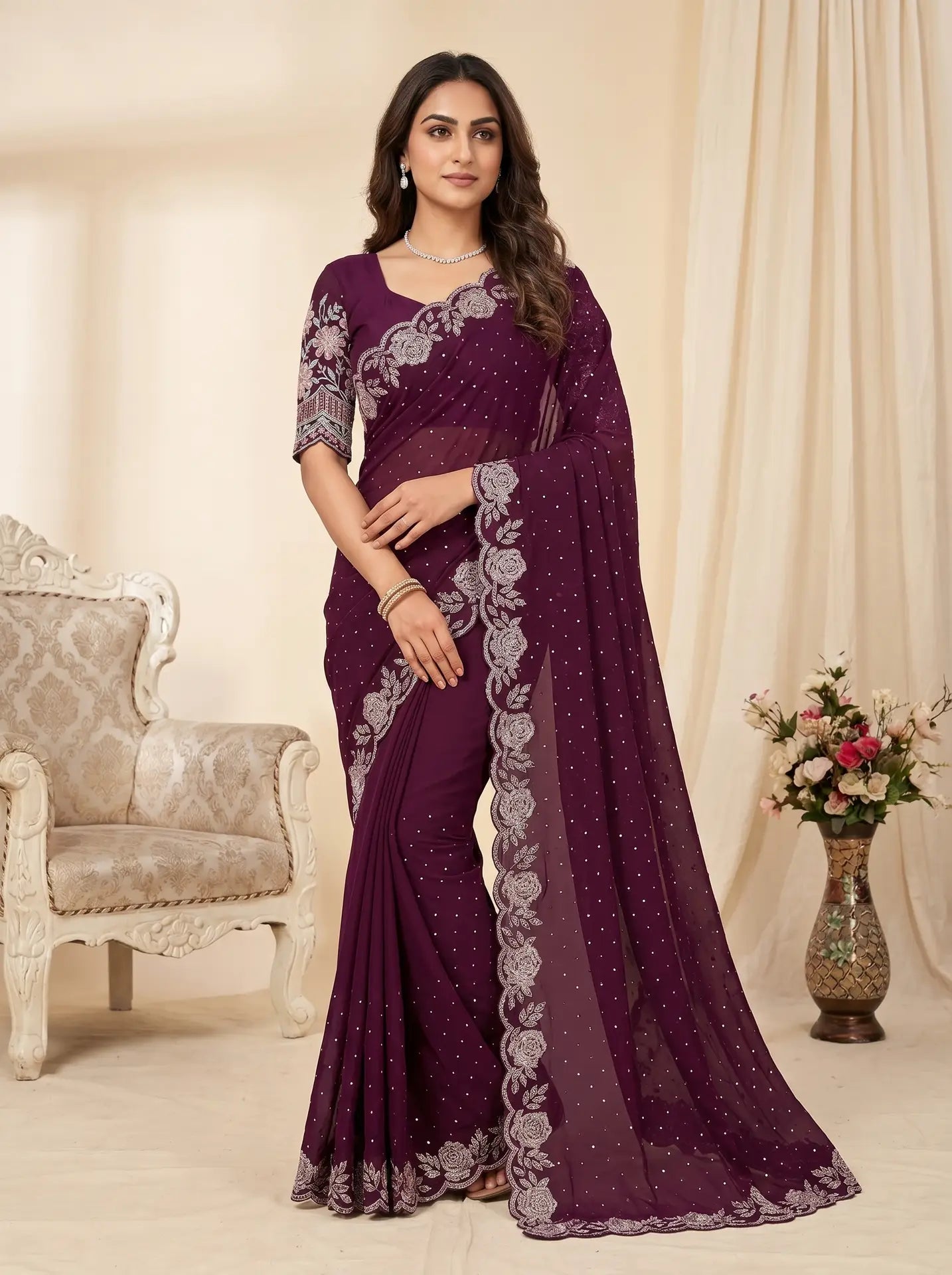 Deep Wine Stone Work Saree with Floral Embellished Scallop Border