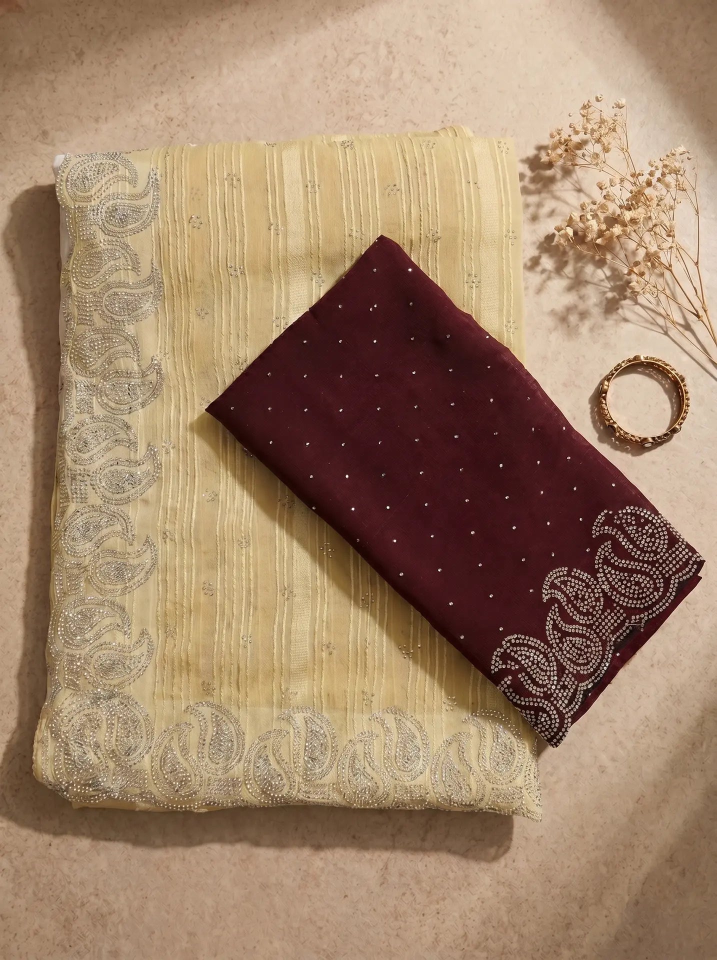 Light Gold Stone Work Paisley border Saree with Contrast Maroon Blouse