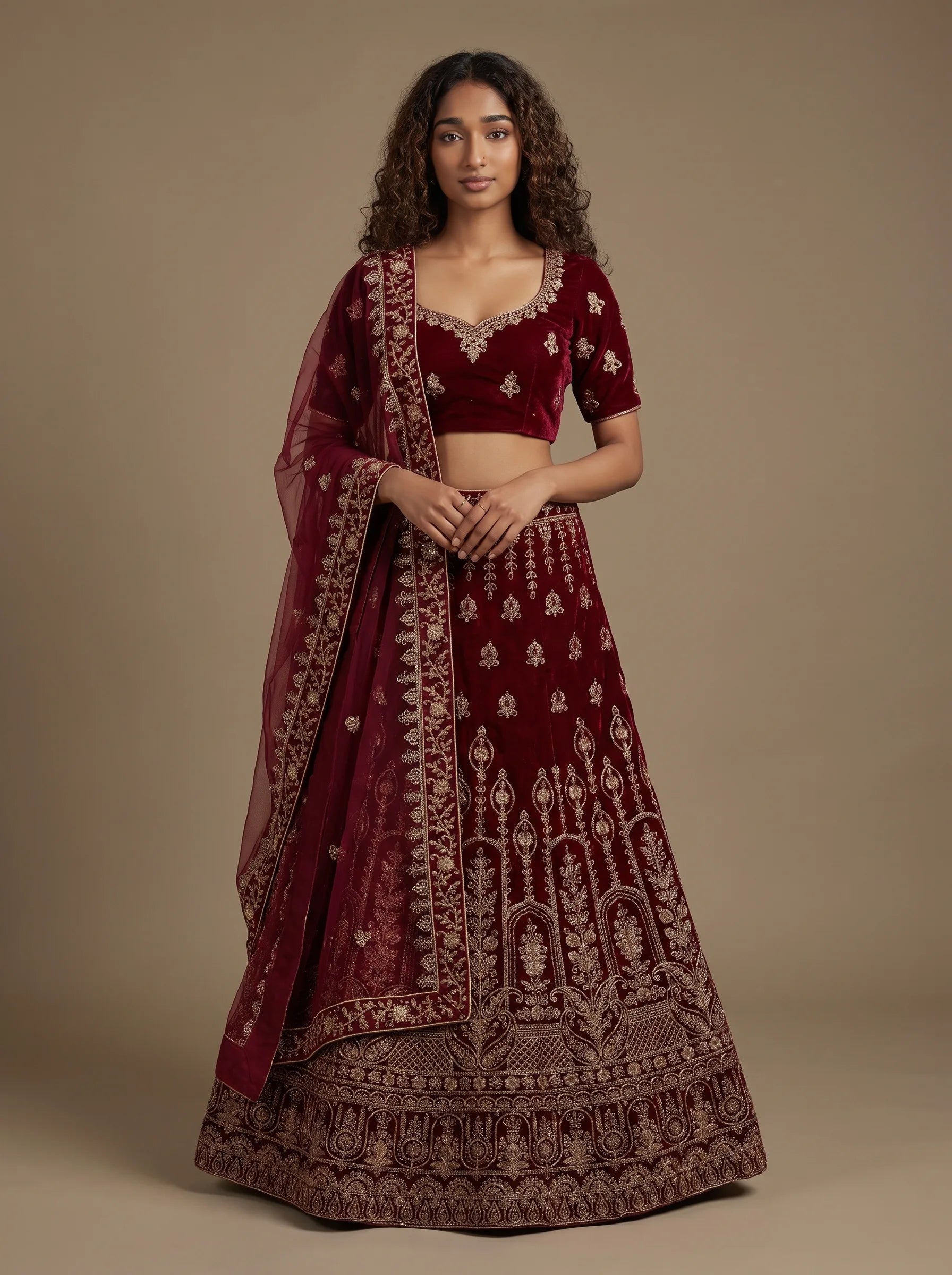Bridal Deep Maroon Semi-Stitched Heavy Embroidered Lehenga Set