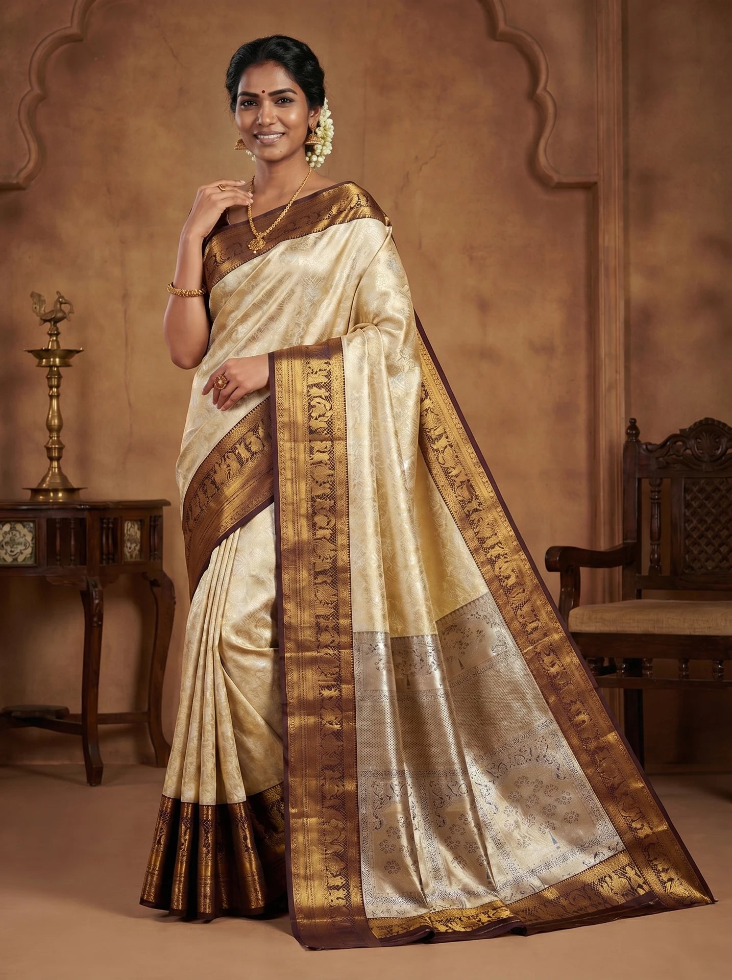 Champagne Gold Floral Jaal Bridal Semi Silk Saree