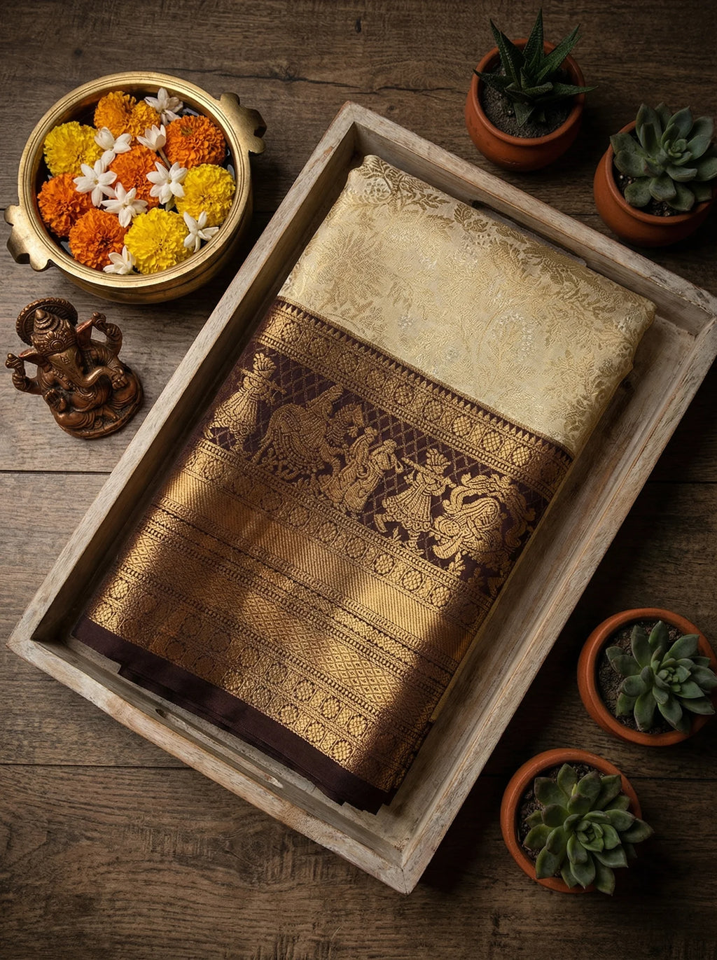 Champagne Gold Floral Jaal Bridal Semi Silk Saree