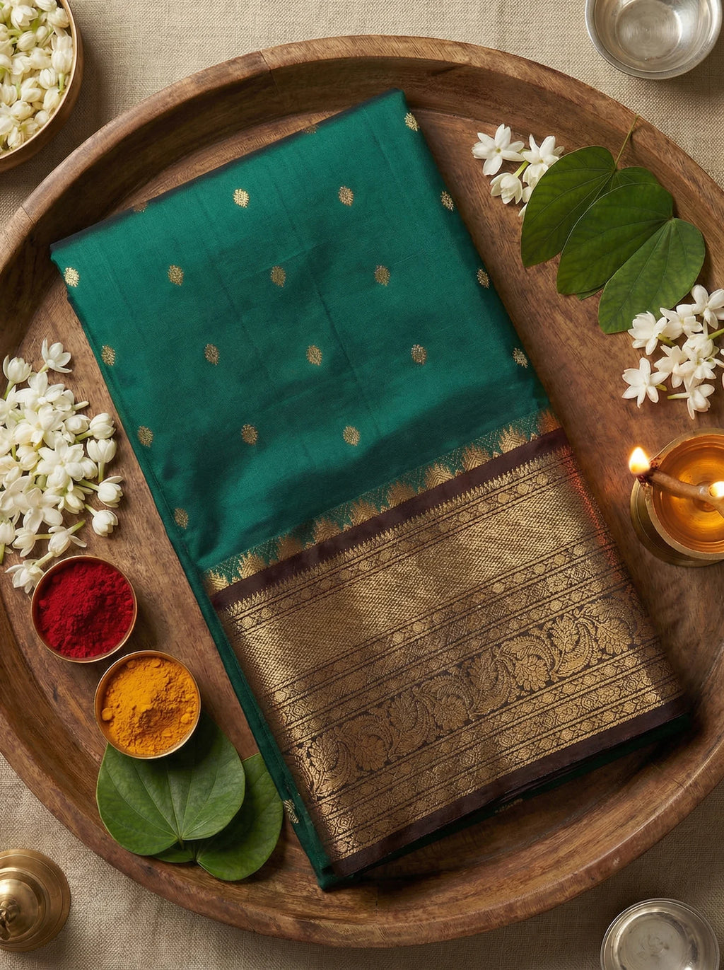 Peacock Green Small Butta bridal Semi Silk Saree