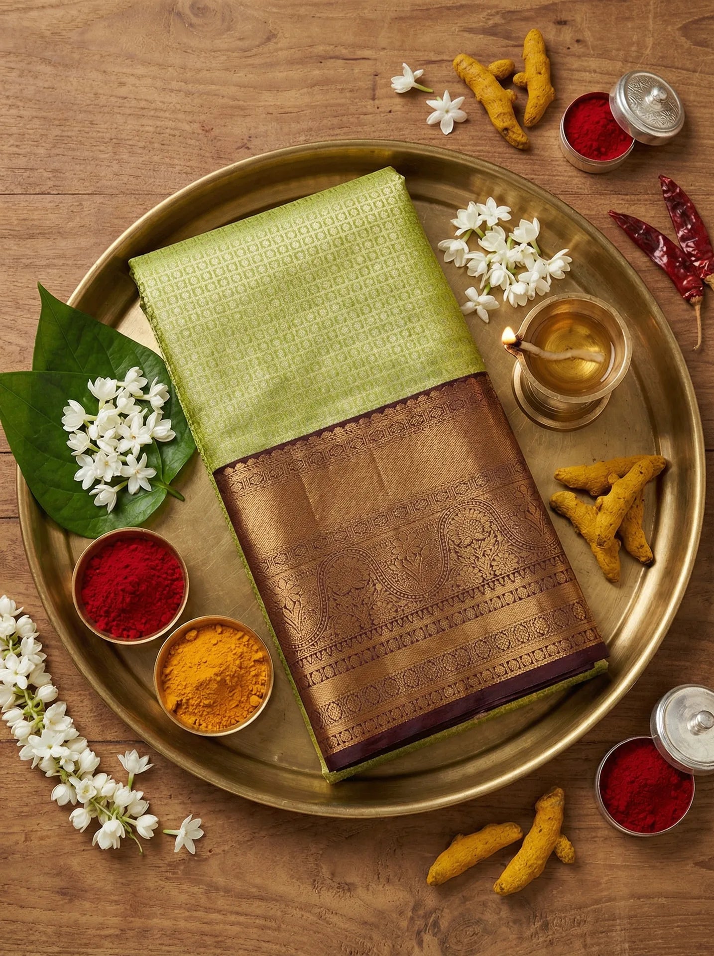 Pistachio Green Checked Bridal Semi Silk Saree