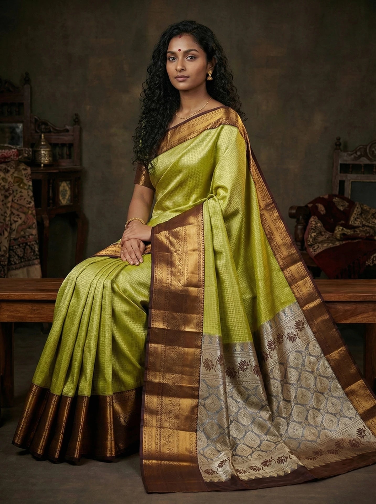 Pistachio Green Checked Bridal Semi Silk Saree