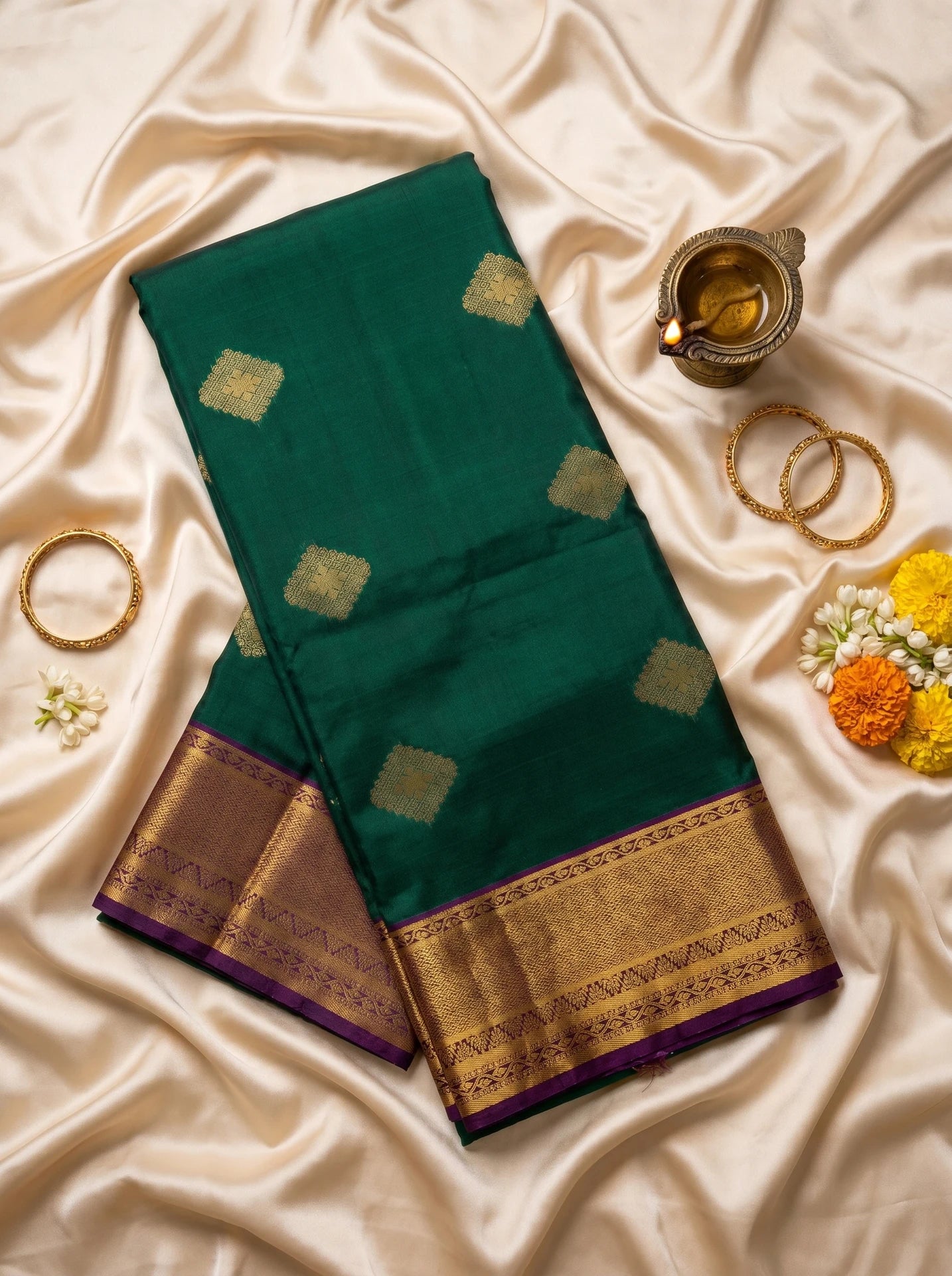 Bottle Green Diamond Butta Soft Silk Saree