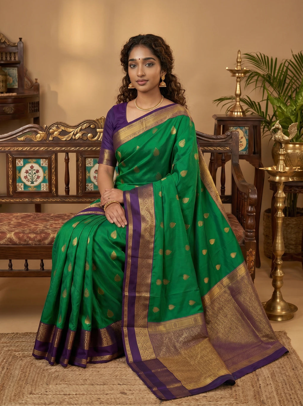 Parrot Green & Deep Violet Paisley Butta Kanchi Soft Silk Saree