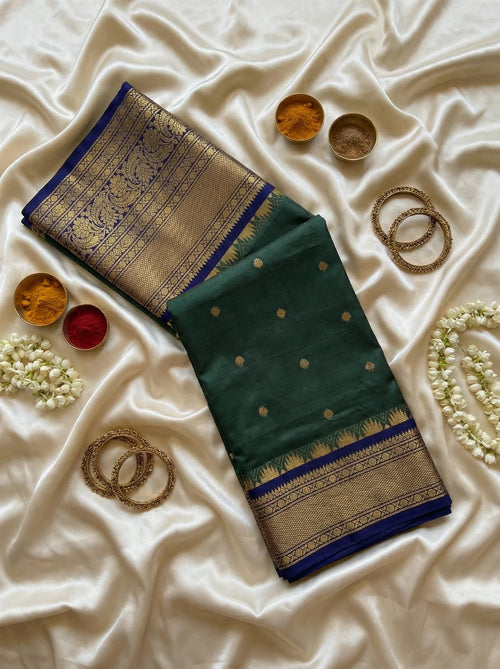 Bottle Green & Blue Butta Semi Silk Saree