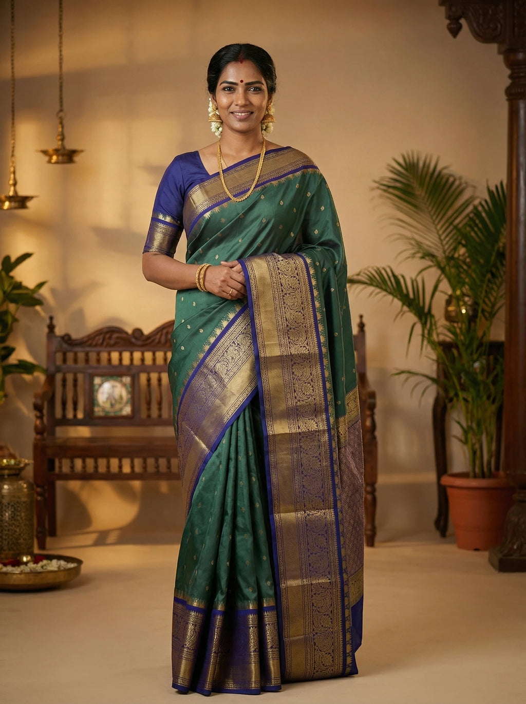 Bottle Green & Blue Butta Semi Silk Saree