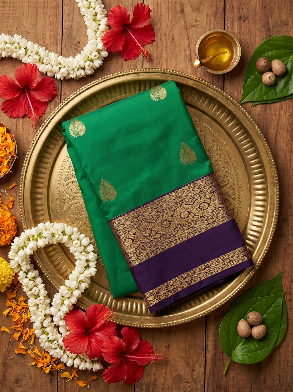 Parrot Green & Deep Violet Paisley Butta Kanchi Soft Silk Saree