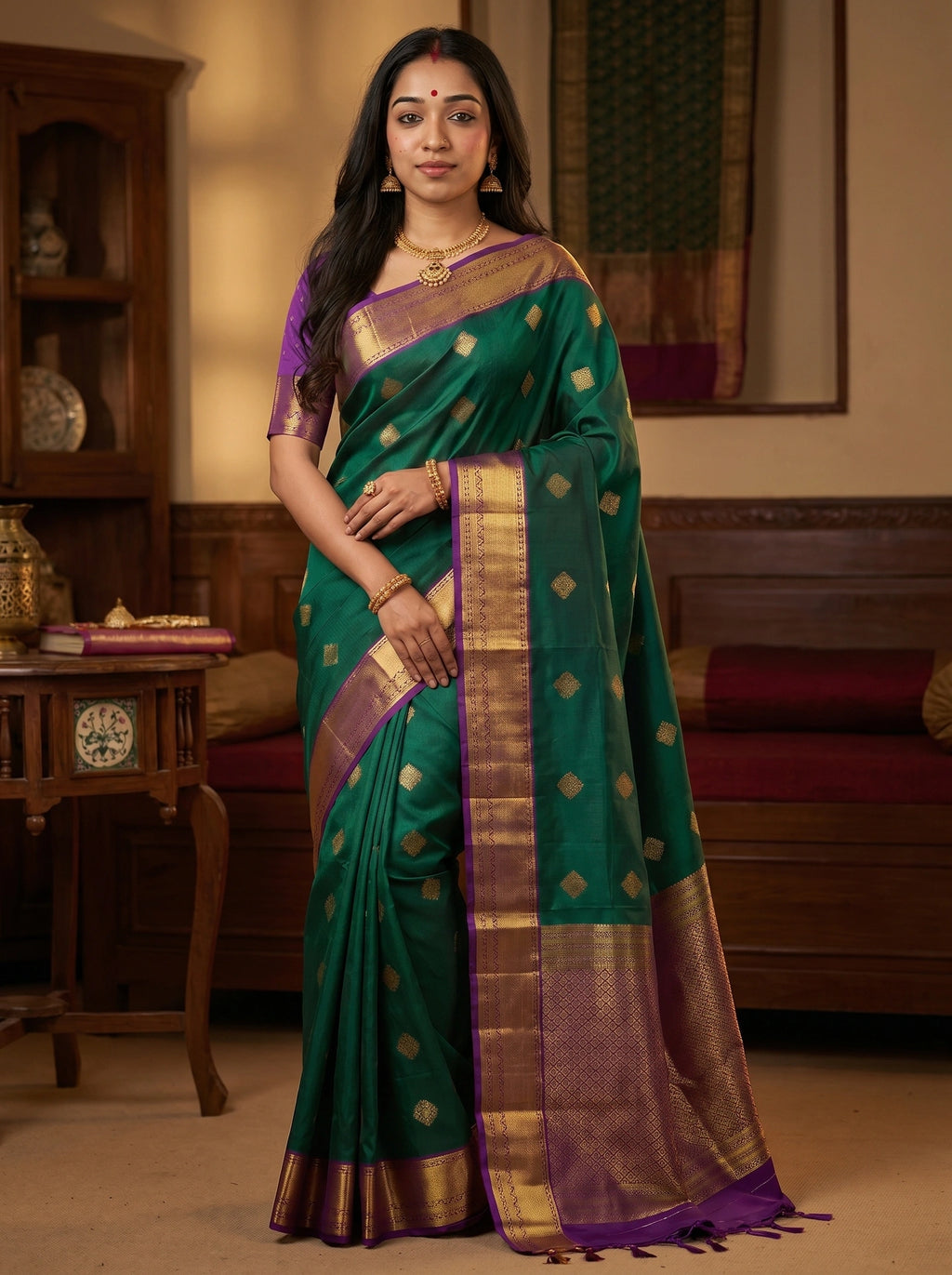 Bottle Green Diamond Butta Soft Silk Saree