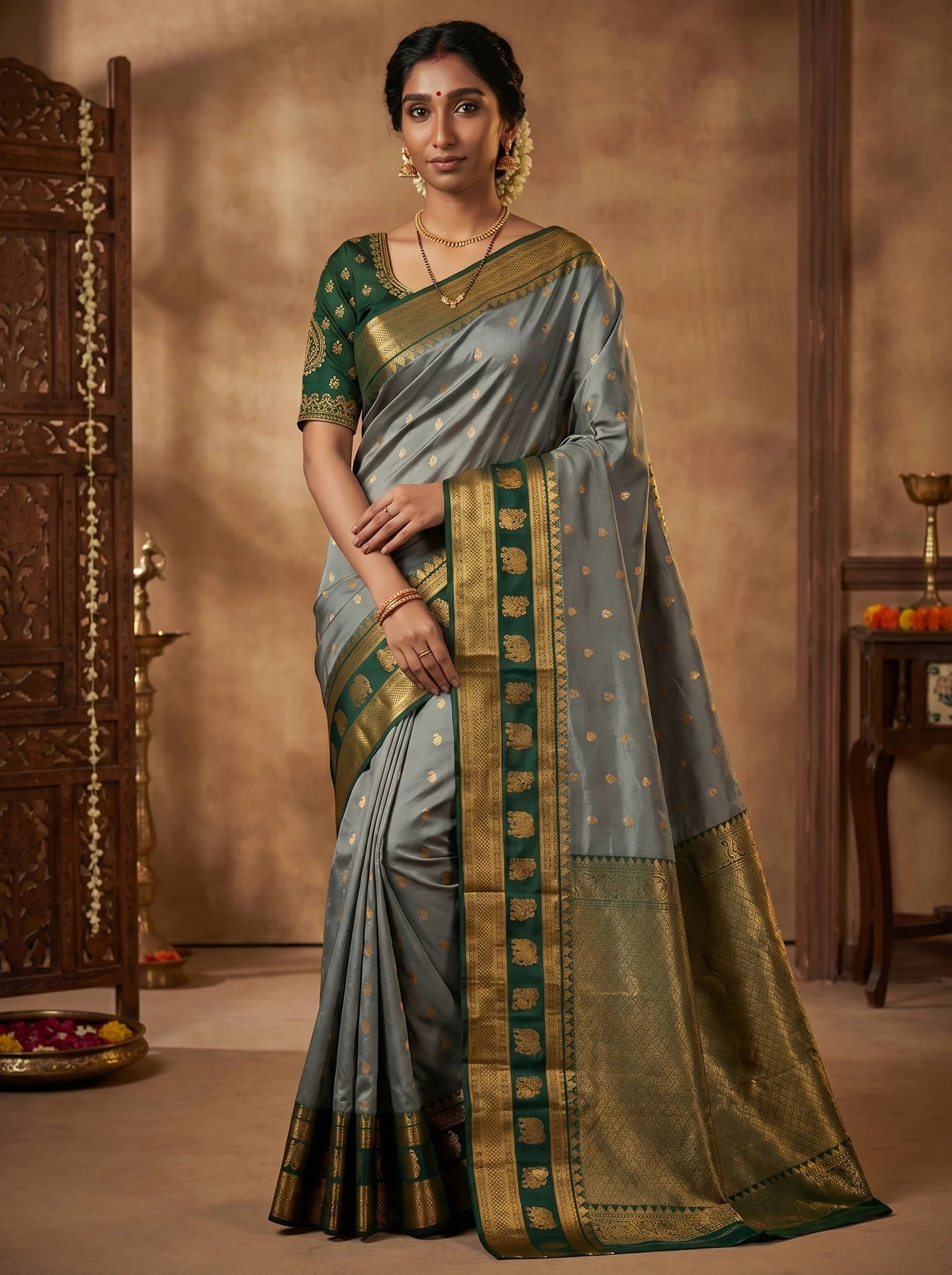 Ash Grey Paisley Butta Semi Silk Saree