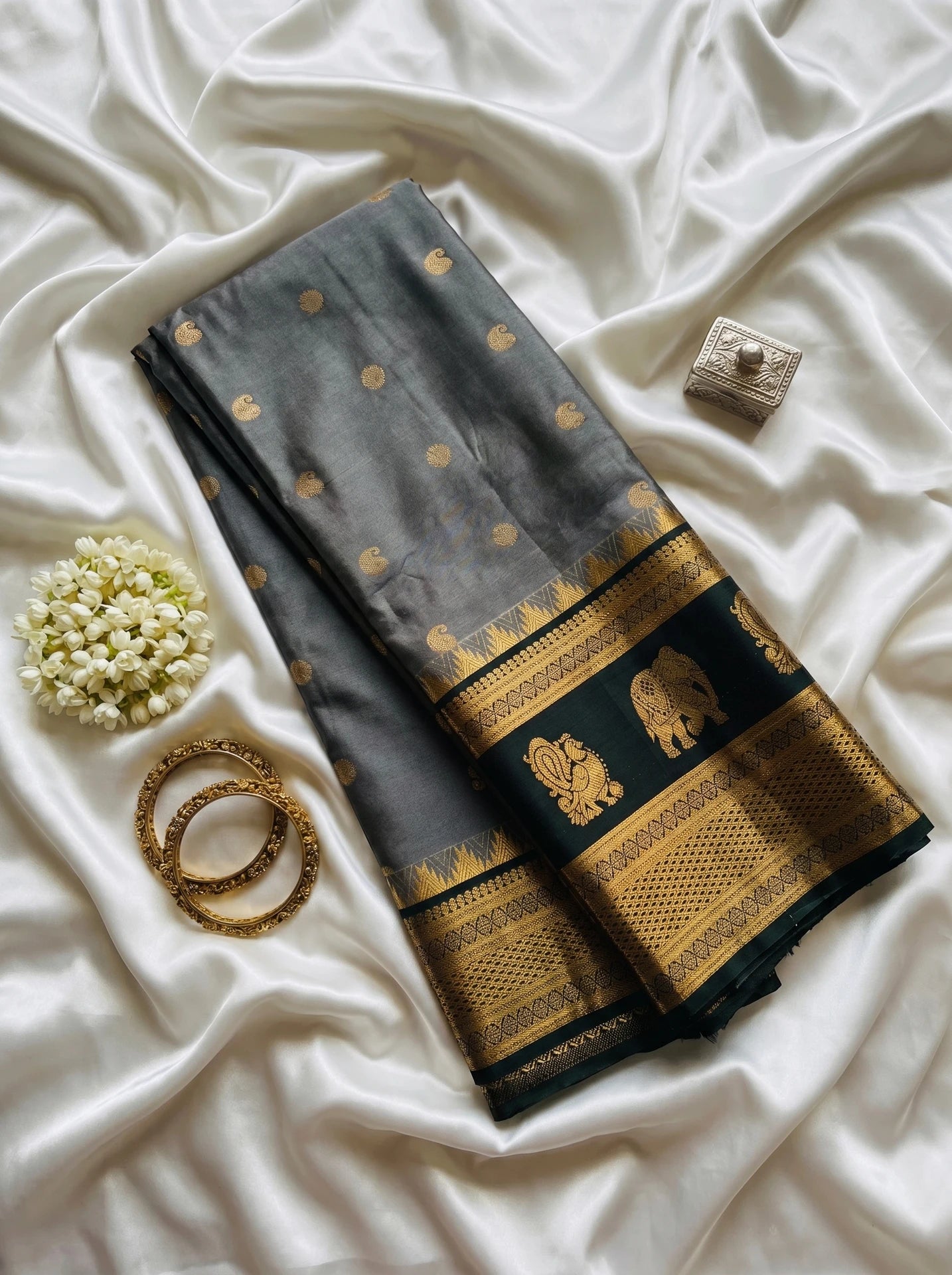 Ash Grey Paisley Butta Semi Silk Saree
