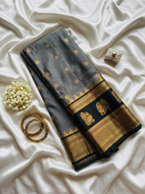Ash Grey Paisley Butta Semi Silk Saree