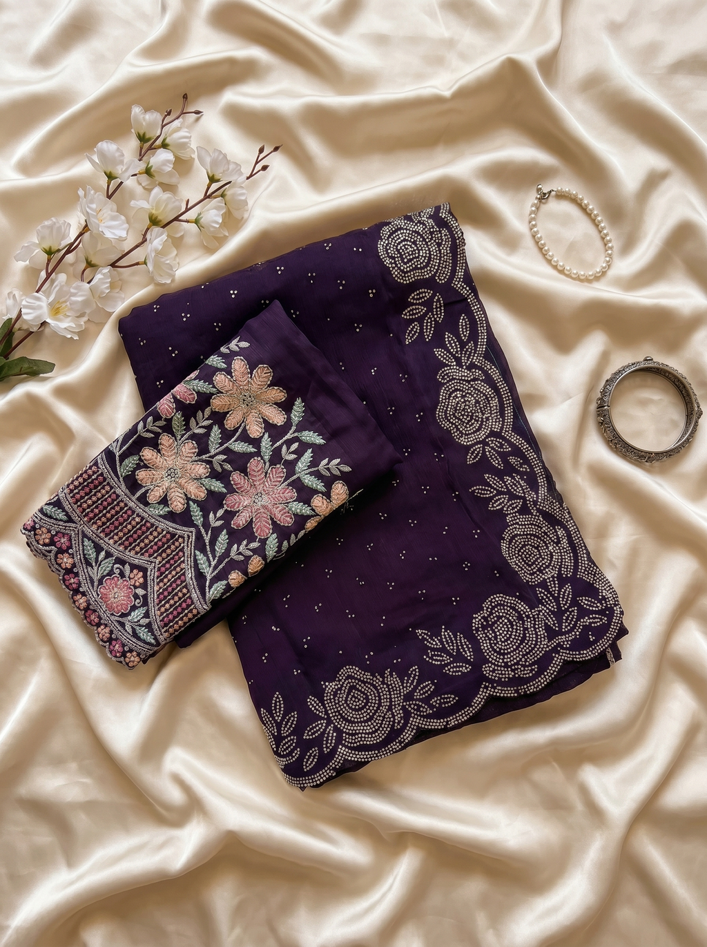 Deep Purple Stone Work Saree with Floral Embellished Scallop Border