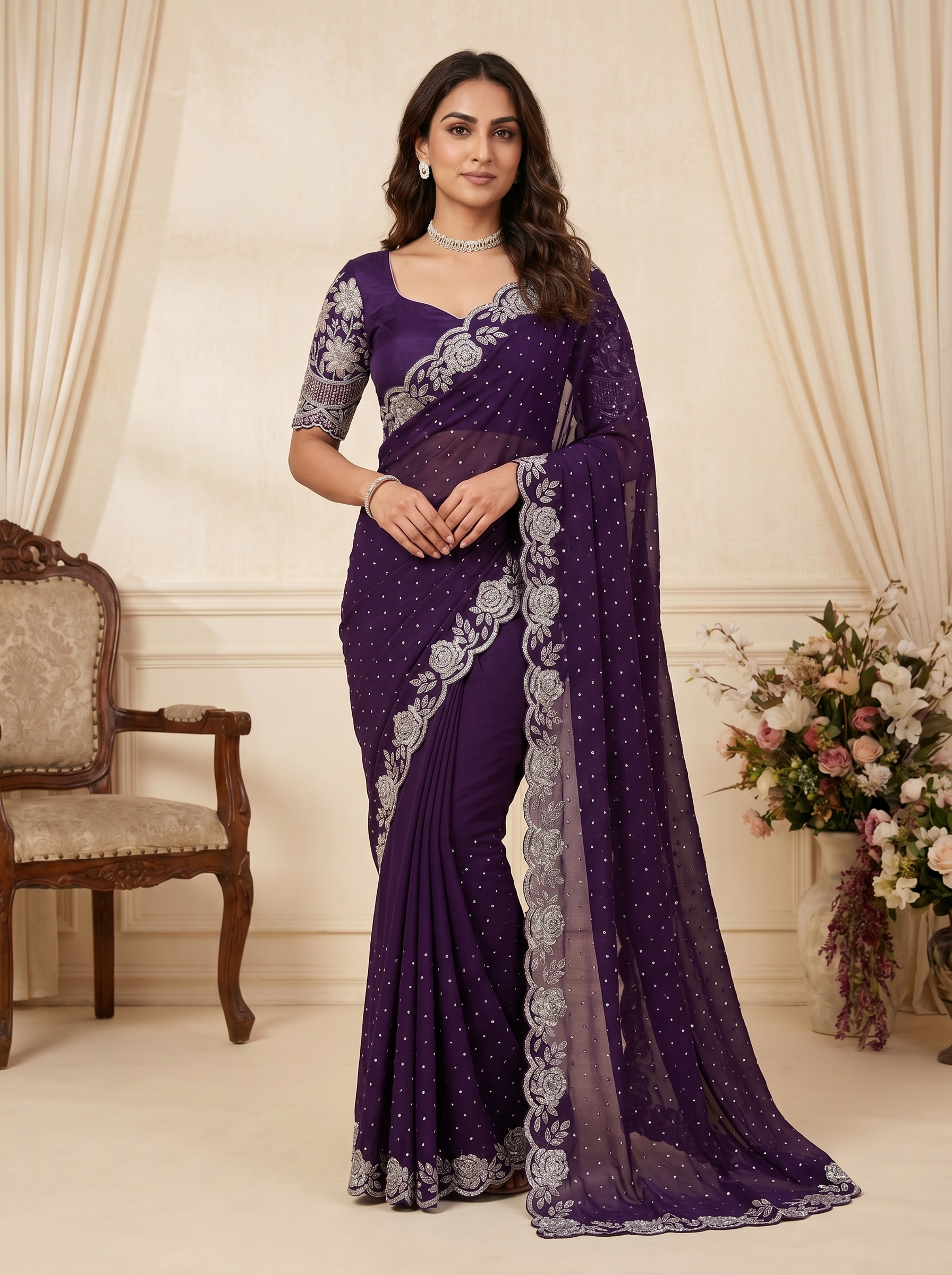 Deep Purple Stone Work Saree with Floral Embellished Scallop Border