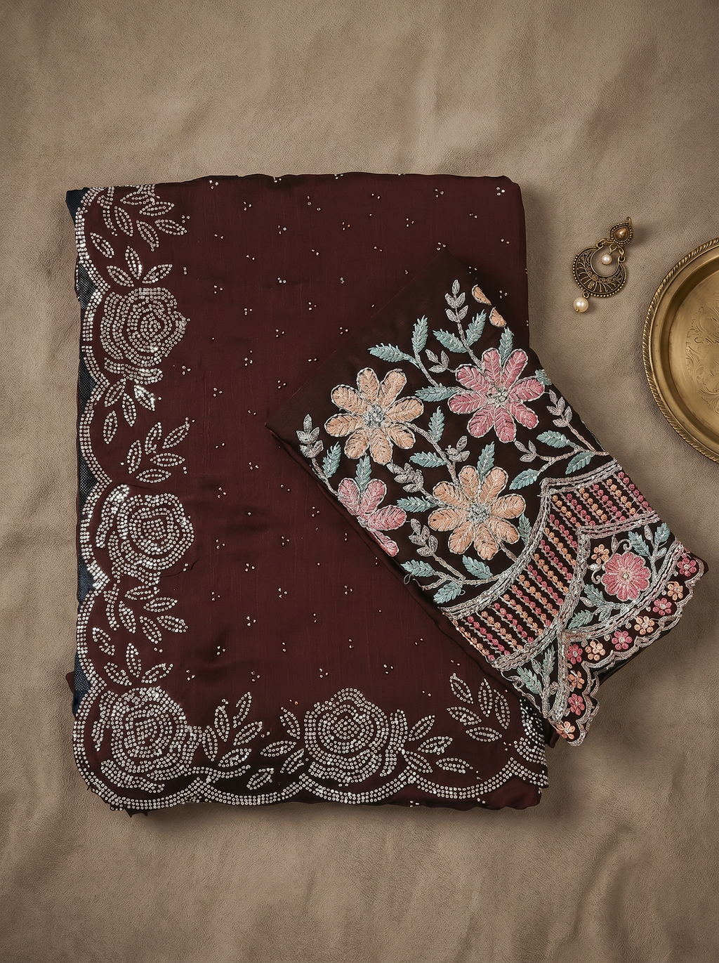Deep Brown Stone Work Saree with Floral Embellished Scallop Border