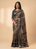 Mushroom Brown Dola Silk Kalamkari Print Saree with Contrast Charcoal Black Butta Blouse